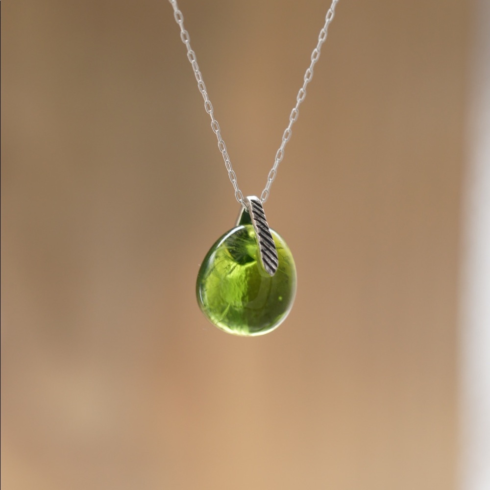 Recycled Wine Bottle Glass Green Necklace Sterling Silver Upcycled Seaglass Gift